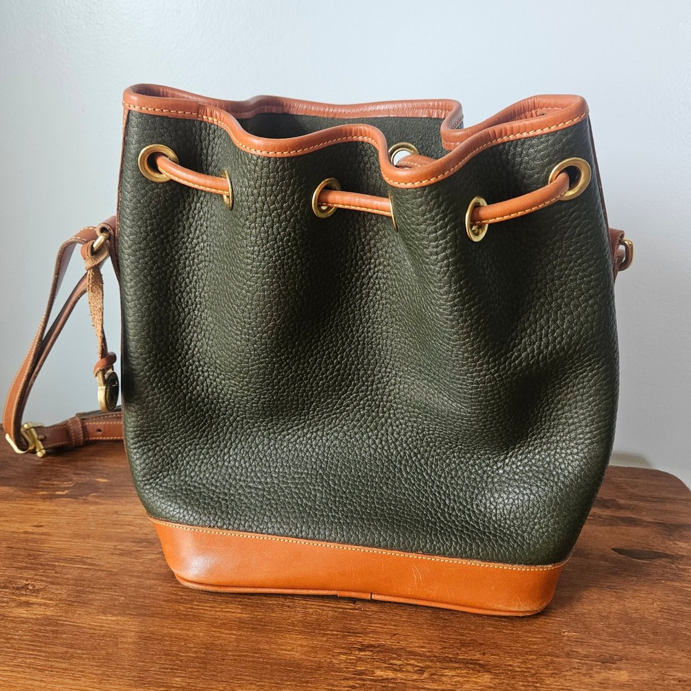 Dooney & Bourke Vintage 90s All Weather Leather Bucket Bag Green Tan Drawstring - Picture 4 of 11